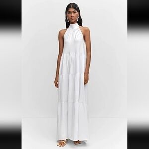 Mango Open Back Halter Neck Cotton Tiered Maxi Dress White Size 18 Plus NWOT